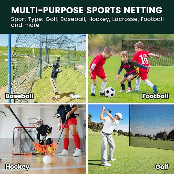 Sports Netting,Golf Practice Net Hitting Net with 33Feet Nylon Rope Also for Baseball, Hockey, Soccer, LAX and More - 10x10ft/10x15ft/10x20ft/10x25ft/10x30ft/10x40ft/10x50ft