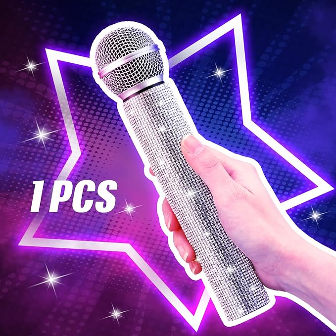 Sanwuta Fake Microphone Prop Sparkly Bling Rhinestones Plastic Play Microphone Pretend Glitter Bedazzled Mic for Cosplay Party Costume(Silver)