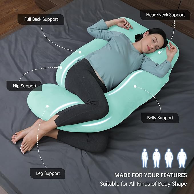 MOON PARK Pregnancy Pillows for Sleeping - U Shaped Full Body Maternity Pillow with Removable Cover - Support for Back, Legs, Belly, HIPS - 57 Inch Pregnancy Pillow for Women - Turquoise