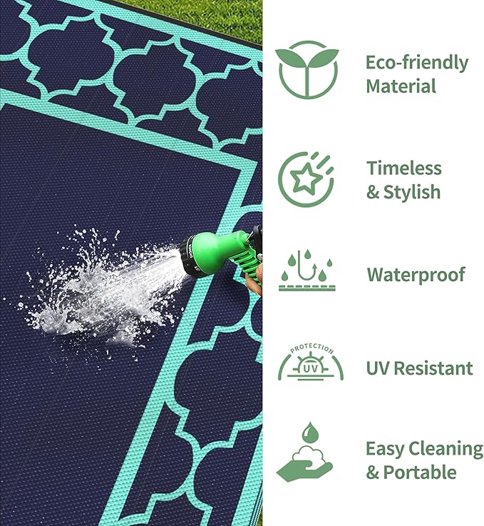 GENIMO 5 ' x 8 ' Outdoor Rug for Patio, Waterproof Indoor Outdoor Plastic Straw Rugs Carpet, Reversible Outside Area Mat for Camping, Balcony Porch, Deck, Picnic, Beach Navy Blue & Jade Green