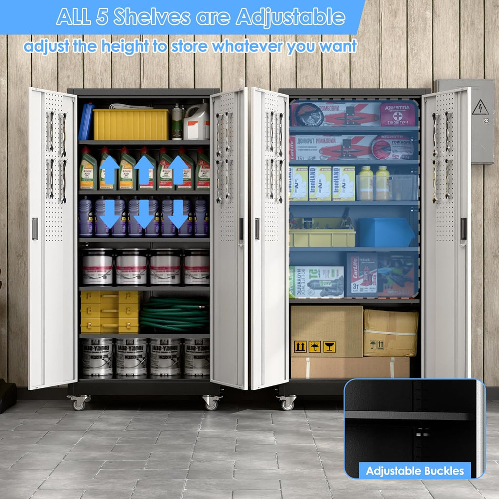 71"H×32"W×16"D Garage Storage Cabinet with Wheels & Pegboard, Locking Metal Storage Cabinet with Doors and 5 Adjustable Shelves & & 4 Hooks for Garage Warehouse Home Office, Black and Silvery