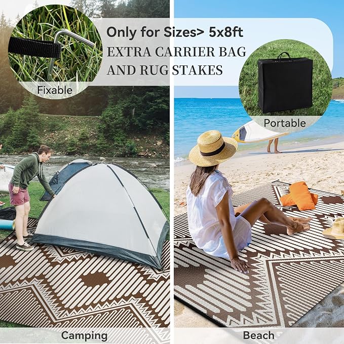 MontVoo Outdoor Rug-Waterproof Camping Rug Patio Rug Mat 6x9 Reversible Plastic Straw Outside Outdoor Rug for RV Camping Picnic Balcony Backyard Pool Deck Porch Modern Boho Beige Brown