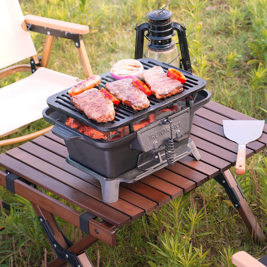 IronMaster Hibachi Grill Outdoor, Small Portable Charcoal Grill, Pre-Seasoned Cast Iron, Japanese Yakitori Camping Grill - 2 Heights, Air Control, Coal Door
