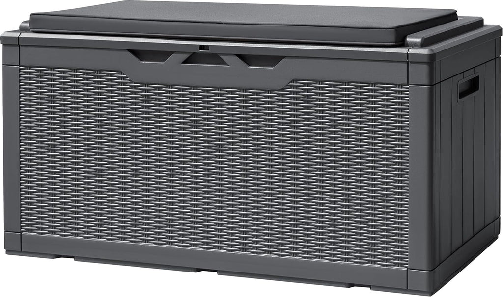 Devoko 100 Gallon Deck Box, Waterproof Resin Outdoor Storage Box with Cushion for Outside and Patio, Large Outdoor Storage Bench Cabinet Lockable for Patio Furniture and Garden Tools (Gray)