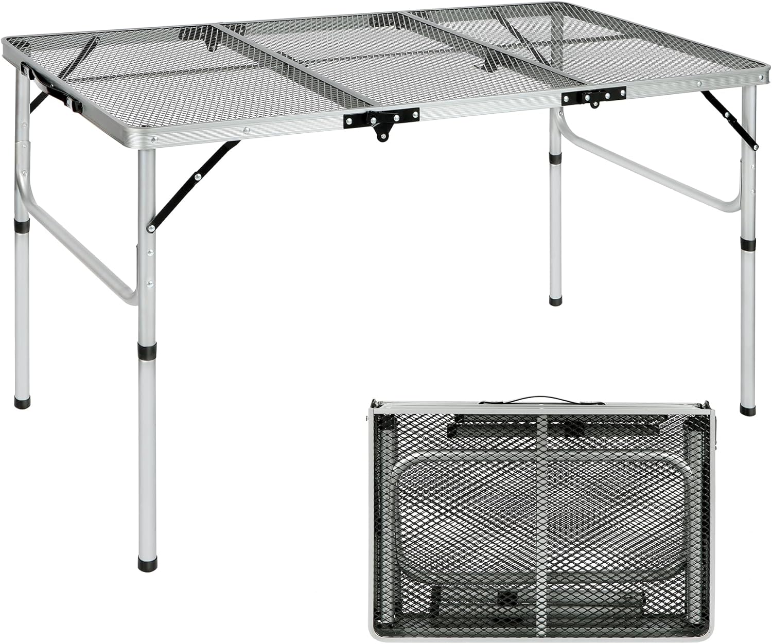 REDCAMP 48x24 Long Folding Grill Table for Outside, Lightweight Portable Metal Aluminum Outdoor Grill Table with Adjustable Height Legs, Great for Camping Picnic Cooking BBQ, Silver 4ft
