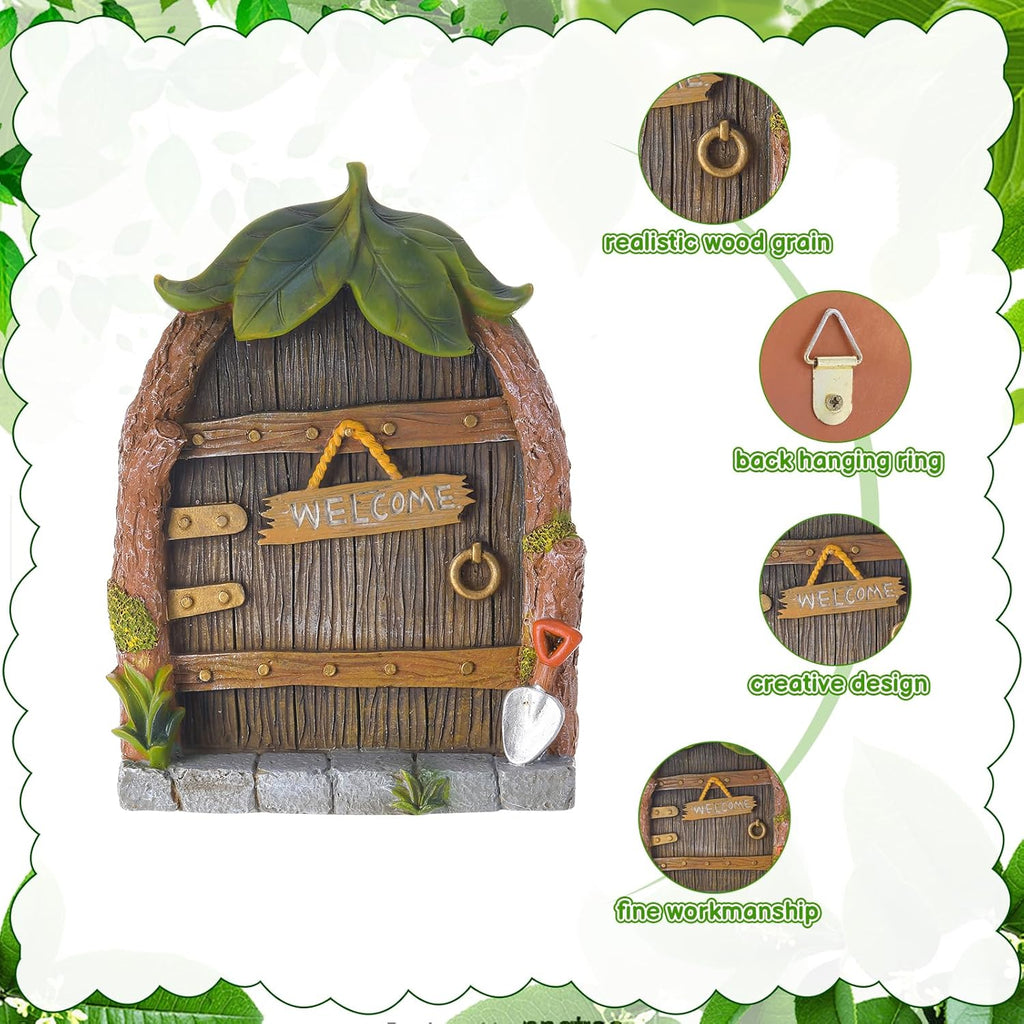 Glowing Miniature Fairy Garden Accessories, 4-Piece Miniature Fairy Figurines Glow in The Dark Fairy Door and Windows for Trees Set, Resin Light Up Sculpture Kit for Outdoor & Indoor Gardens