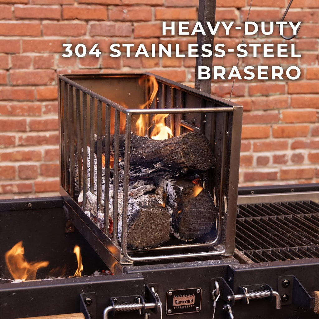 Backyard Discovery Argentine Santa Maria XL Wood Fire & Charcoal Steel BBQ Grill with Asado Clamp, Adjustable Grill Grates, Brasero, Fire Bricks, S-Hooks, Acacia Wood Table for Outdoor Gaucho Grilling