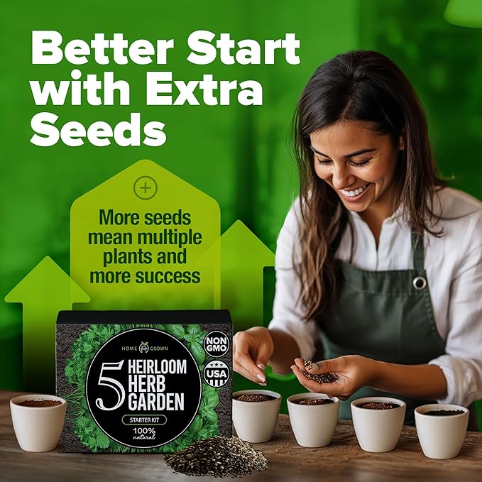 HOME GROWN Indoor Herb Garden Starter Kit - Christmas Gift for Gardeners - Complete 5 Herb Plant Grow Kit - Unique Gift for Mom, Women, Her, Men - Birthday Gift