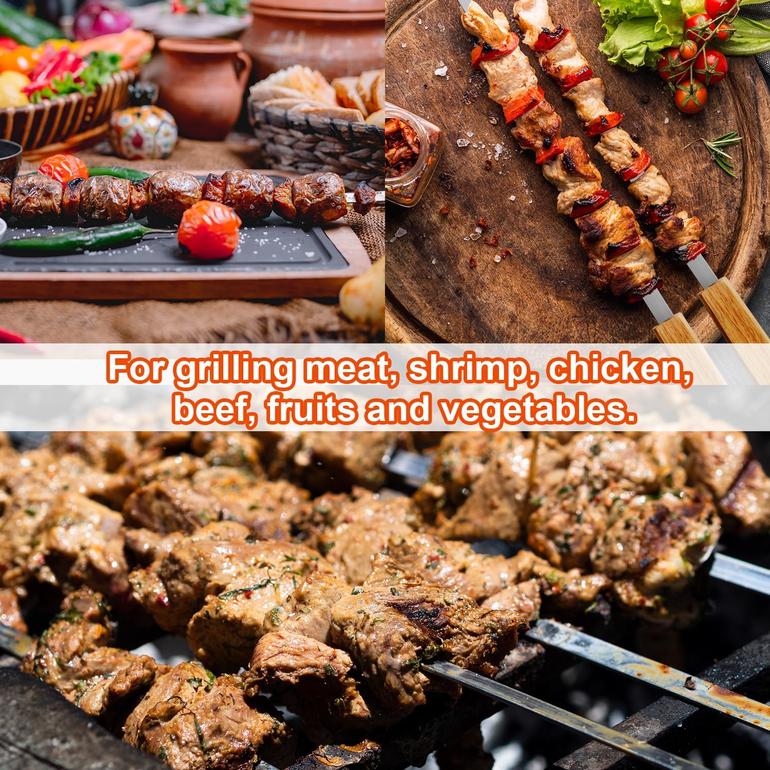 SHIKORI Kabob Skewers,BBQ Barbecue Skewers,Stainless Steel Sticks,17 Inch Heavy Duty Large Wide Reusable,with Nonslip Wooden-16 Pcs