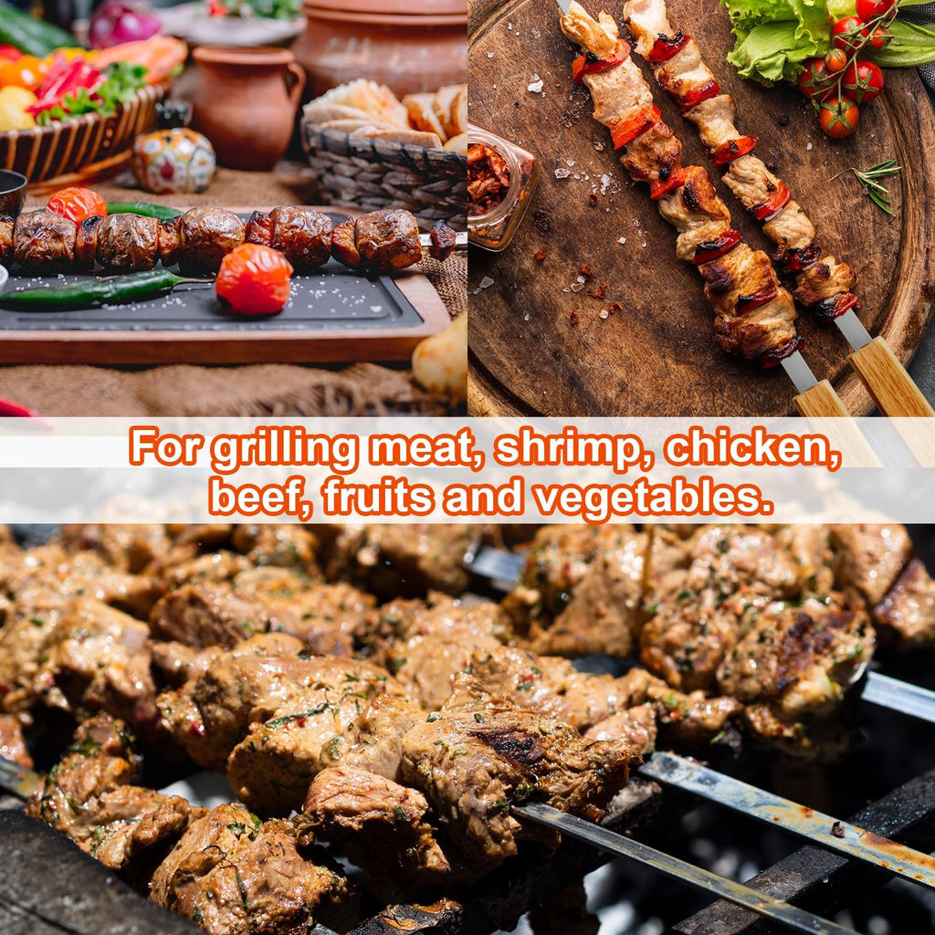 SHIKORI Kabob Skewers,BBQ Barbecue Skewers,Stainless Steel Sticks,24 Inch Heavy Duty Large Wide Reusable,with Nonslip Wooden-12 Pcs