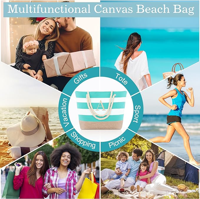 YOOLIFE Initial Canvas Waterproof Beach Tote Bag Zipper Personalized Gifts for Women Her Birthday Travel Beach Essential