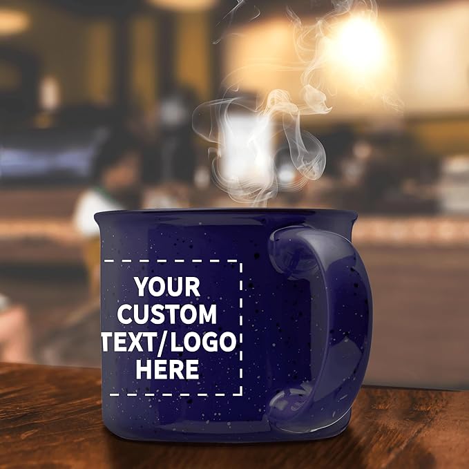 DISCOUNT PROMOS Custom Ceramic Campfire Coffee Mugs 13 oz. Set of 1, Personalized Bulk Pack - Perfect for Tea, Espresso, Cappuccino, Hot Cocoa - Blue