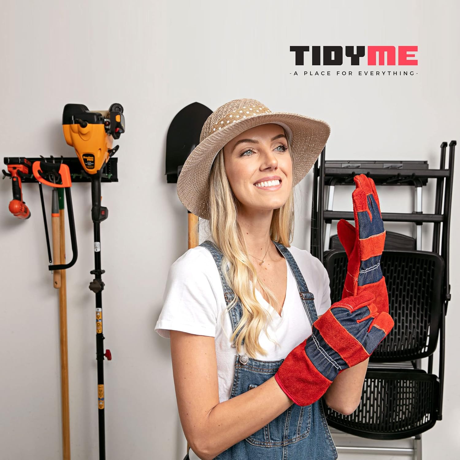 Garage Wall Organizer | 64" Heavy-Duty Tool Storage Rack | Adjustable Double-Layer Hooks | 400 lbs Capacity | Carbon Steel Wall Mount Holder for Shovels, Rakes, Ladders & Power Tools