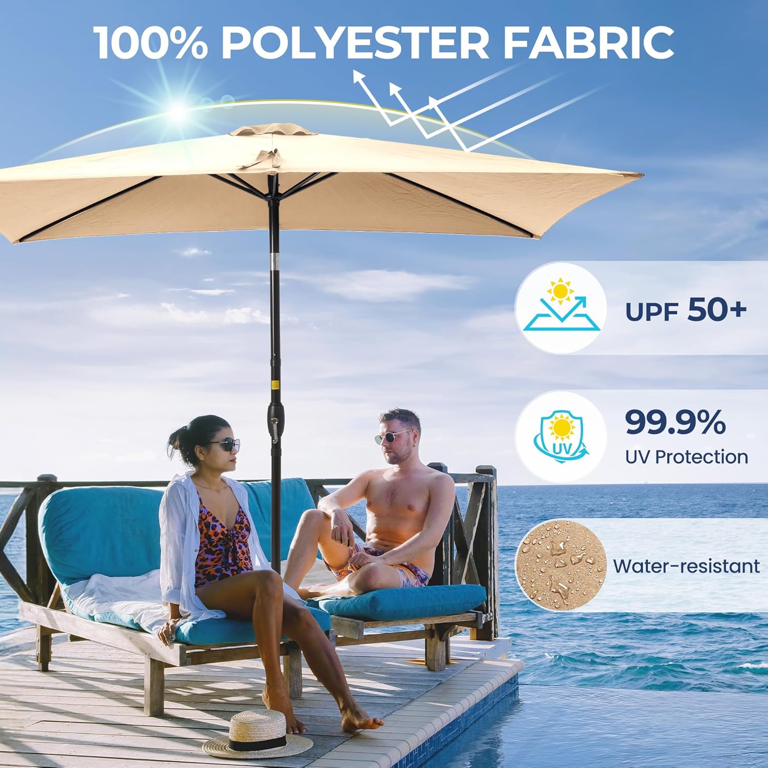 SUNVIVI OUTDOOR Patio Umbrella, 6.5' x 10' Rectangular Patio Umbrella, Metal Pole Square Outdoor Umbrella with Crank and Push Button Tilt, 6 Steel Ribs, Polyester Canopy