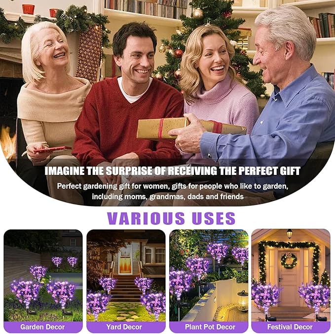 Solar Garden Lights Outdoor, 4 Pack Purple Lavender Solar Butterfly Lights Gardening Gifts for Women, Purple Artificial Flower with Butterfly Garden Decor for Lawn Patio