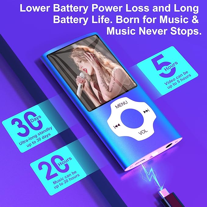 Portable 64GB MP3 Player with Bluetooth, MYMAHDI 1.8" HD LCD Screen MP4/MP3 Player Up to 128GB, Music Player with Video, Music, FM Radio, E-Book Reader, Voice Record, Photo Viewer, Darkblue