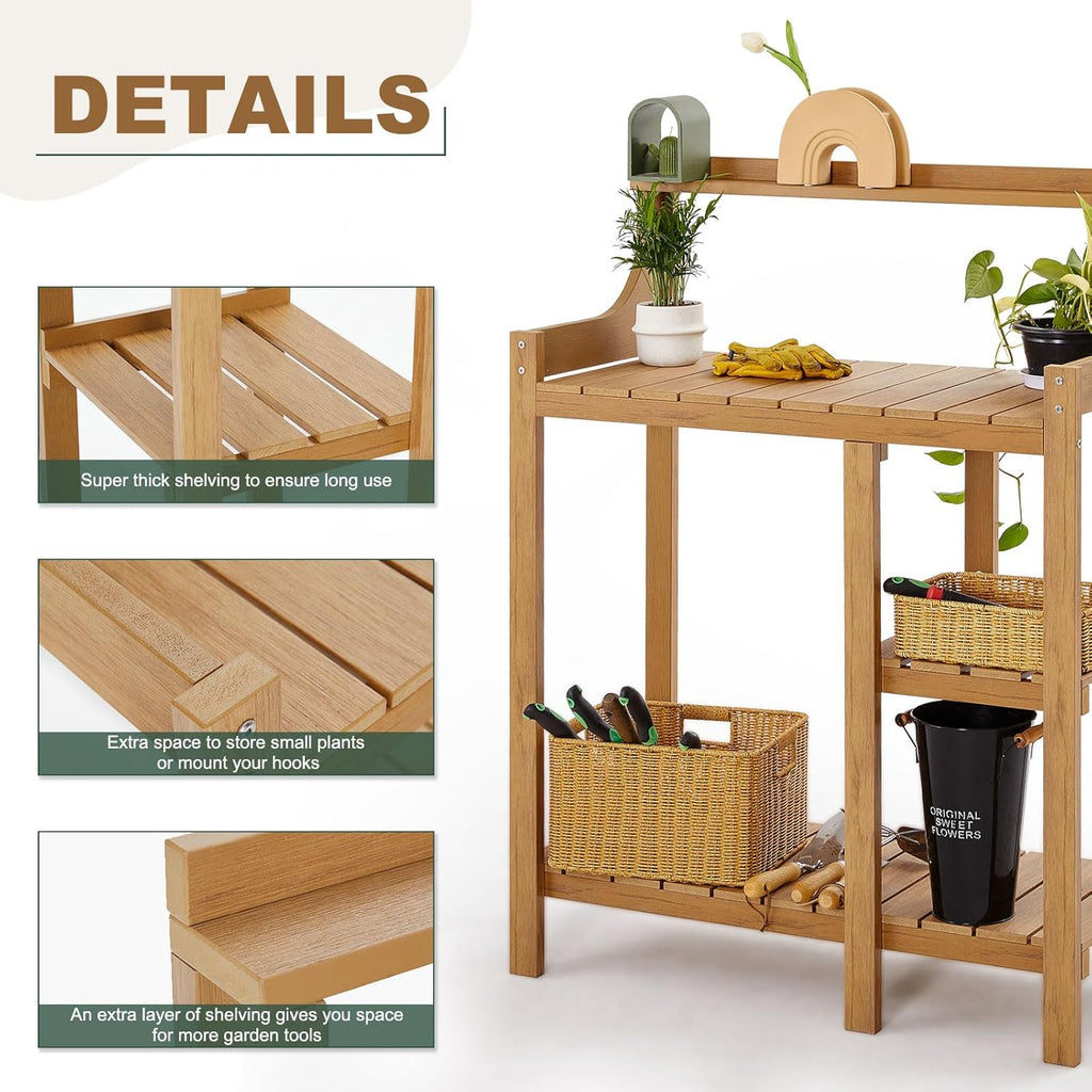 LMP Potting Bench, HDPS Potting Bench Table, 50’’x17.5x37.5' (LxWxH) All Weather Potting Table Work Station for Outside Gardening, Like Teak Wood