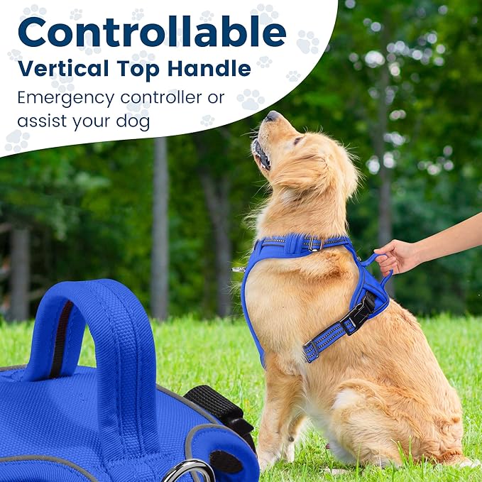 Funfox Dog Harness No Pull, Adjustable Pet Vest Harness, Super Soft Material with Vertical Handle Easy Control, Reflective Night Walking, 2 Leash Clips for Large Dogs, Blue, L