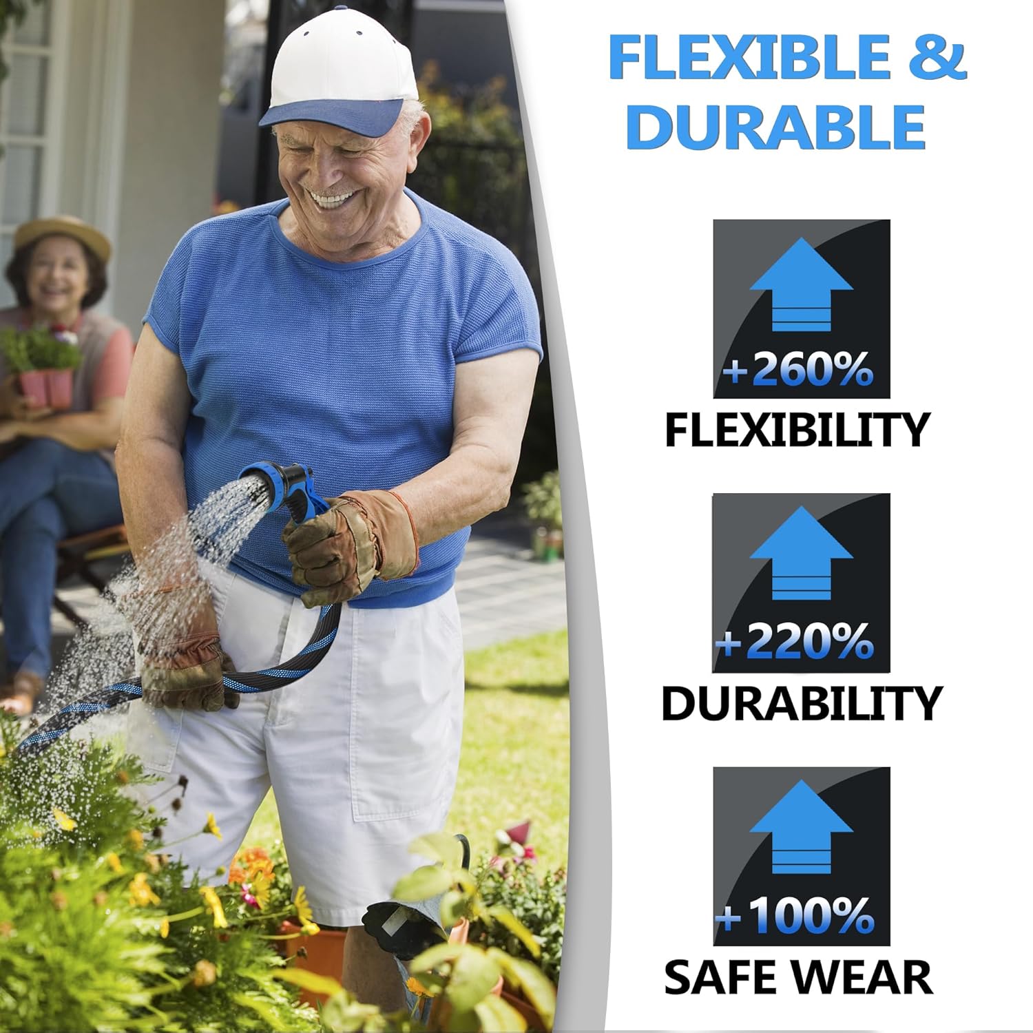 Garden Hose 100 ft -Heavy Duty Water Hoses - Flexible&Lightweight Car Washing Pipe with Strain Reliefs,Kink-free Rubber Hoses with Spray for Gardening Yards