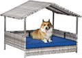 PawHut Wicker Dog House Outdoor with Canopy, Rattan Dog Bed with Water-Resistant Cushion, Raised Dog Bed for Small, Medium Dogs up to 66 lbs, 19.75" in Length, Gradient Gray Wicker, Dark Blue Cushion