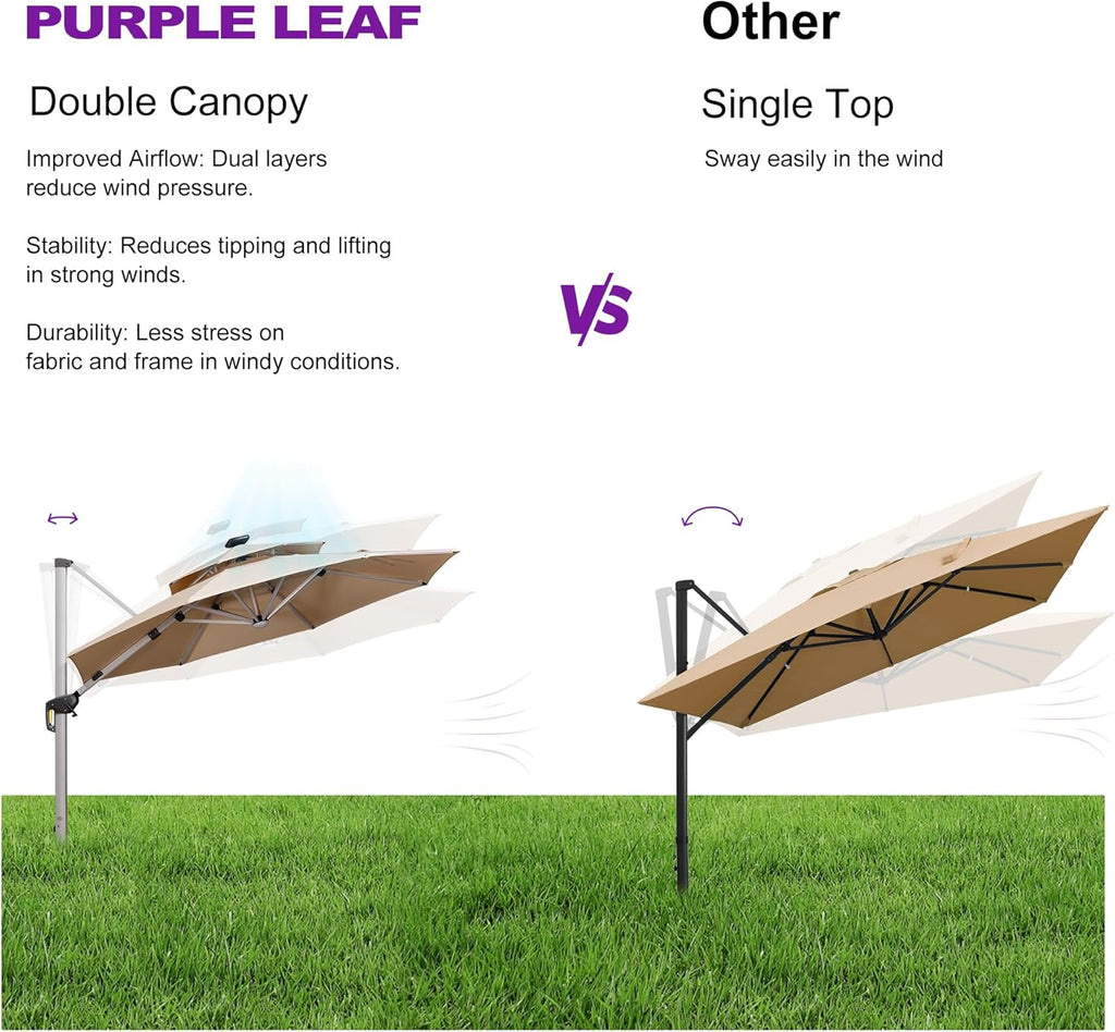 PURPLE LEAF 10ft Solar powered LED Patio Umbrella Outdoor Round Umbrellas Large Cantilever Umbrella with LED lights Windproof Offset Umbrellas Heavy Duty for Garden Deck Pool Patio, Beige
