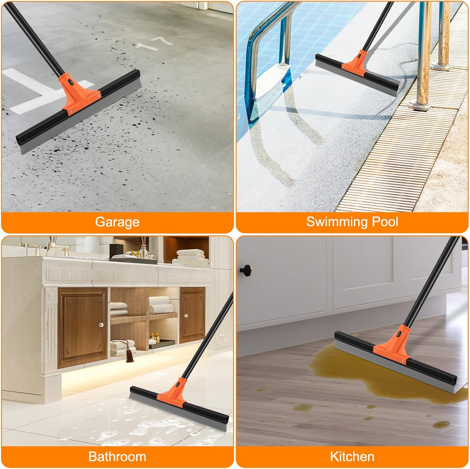 Floor Squeegee Heavy Duty, 17 Inch Rubber Blade, 60 Inch Long Aluminum Handle, Multipurpose Cleaning Squeegee for Garage, Tile, Deck, Bathroom, Window, Glass