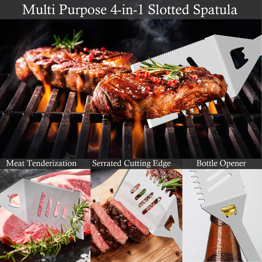 ROMANTICIST 30pcs Stainless Steel Grill Tool Set, Heavy Duty BBQ Grilling Accessories for Men Women, Non-Slip Grill Utensils Kit with Thermometer Mats in Aluminum Case for Fathers Day Silver