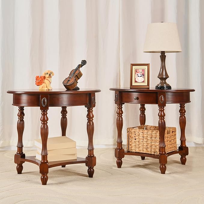 MODERION Solid Wood End Table with Drawer, Oval Sofa Side Table, Storage Shelf, Living Room Corner Table, Nightstand, 24”H Cherry Walnut CJZ1533WD-DR