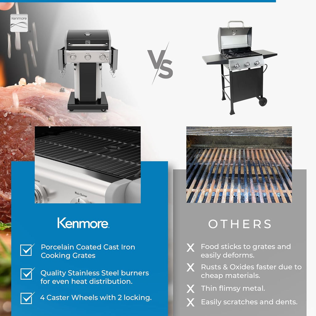 Kenmore 3-Burner Propane BBQ Grill, 30,000 BTUs Gas Grill with Cast Iron Cooking Grates, Folding Side Tables & Wheels, Outdoor Grill with Tool Hooks, Black