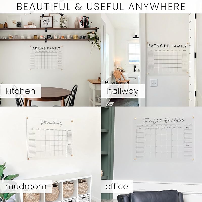 Personalized Clear Acrylic Calendar for Wall, Calendar Whiteboard for Wall, Dry Erase Wall Calendar, Wall Calendar Organizer System for Home (Cursive, Jade, 31"W x 23"H)