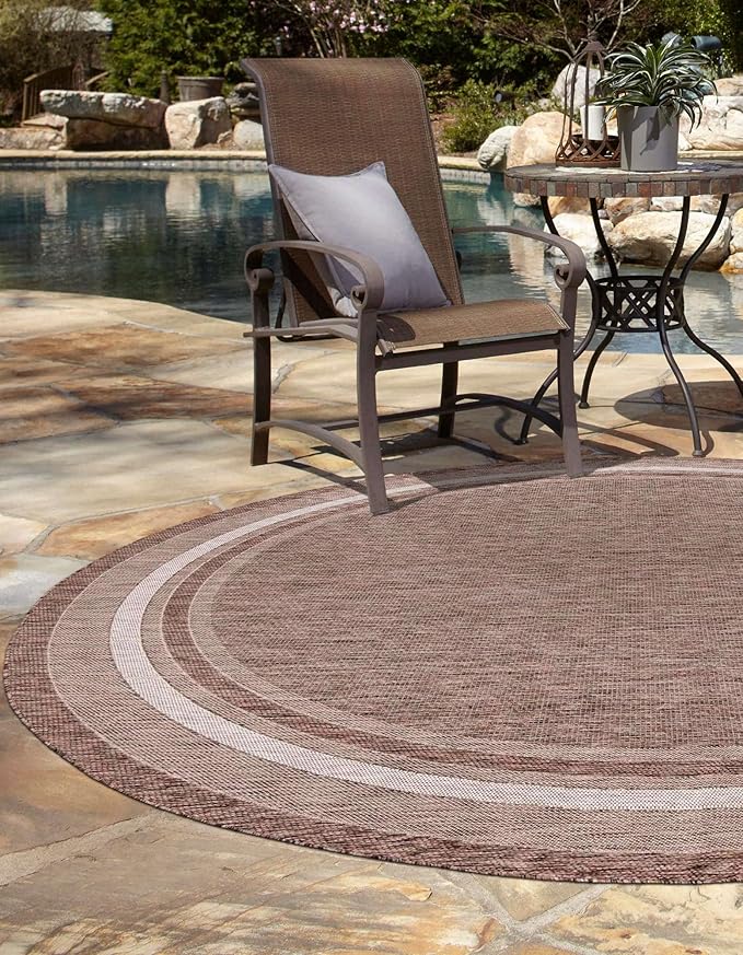 Unique Loom Outdoor Border Collection Area Rug - Soft Border (10' Round Brown/Ivory)