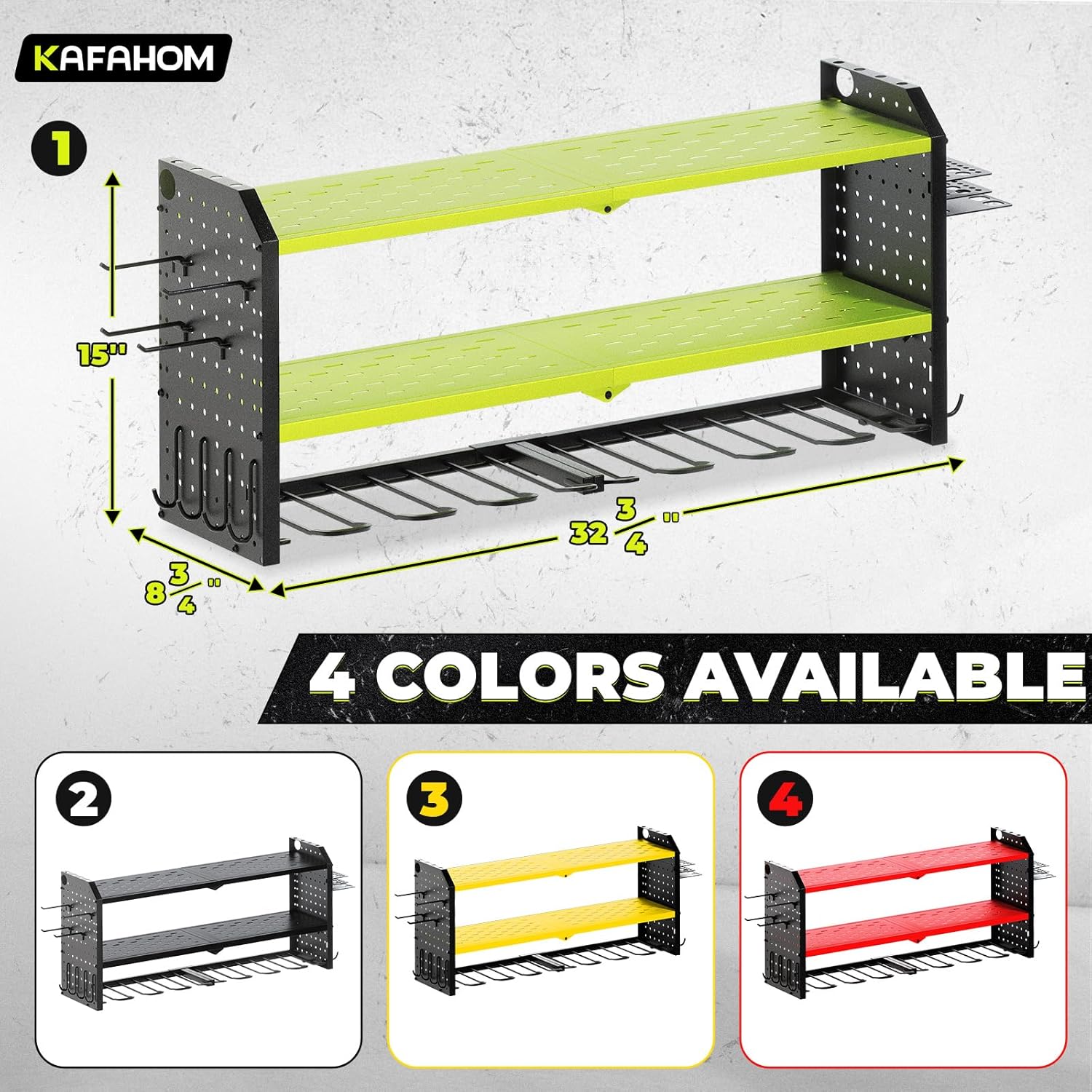 KAFAHOM Power Tool Organizer, Large 8 Drill Holder Wall Mount with 2 Side Pegboards, Heavy Duty Metal Tool Shelf with 12 Hooks, Storage Rack for Garage Organization, Battery Shelves - Green
