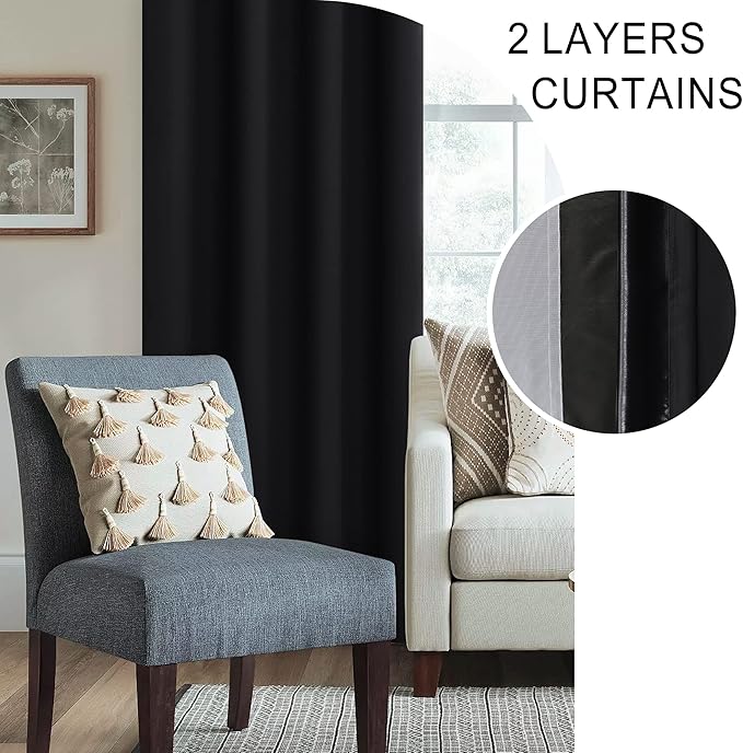 XWZO 100% Blackout Curtains 54 Inches Length with Tiebacks- Full Shade Window Drapes Thermal Insulated Double Layer with Black Liner for Bedroom/Living Room, Rod Pocket, Black, W52 x L54, Set of 2