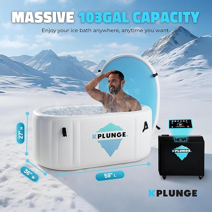 Kodiak 59" 1-Person Inflatable Cold Plunge Ice Bath or Hot Tub with 3/4 HP Chiller and Heater, PVC Insulated Lid, Hand Pump, Repair Kit, 110-Gallon Capacity, Indoor/Outdoor Tub – Gray