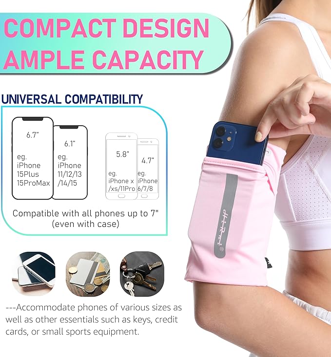 HiRui Running Armband Sleeve Universal Sports Armband Cell Phone Holder Armband for Exercise Workout, Compatible with iPhone 16/15/14/13/Plus/Pro Samsung Galaxy All Phones (L, Pink)