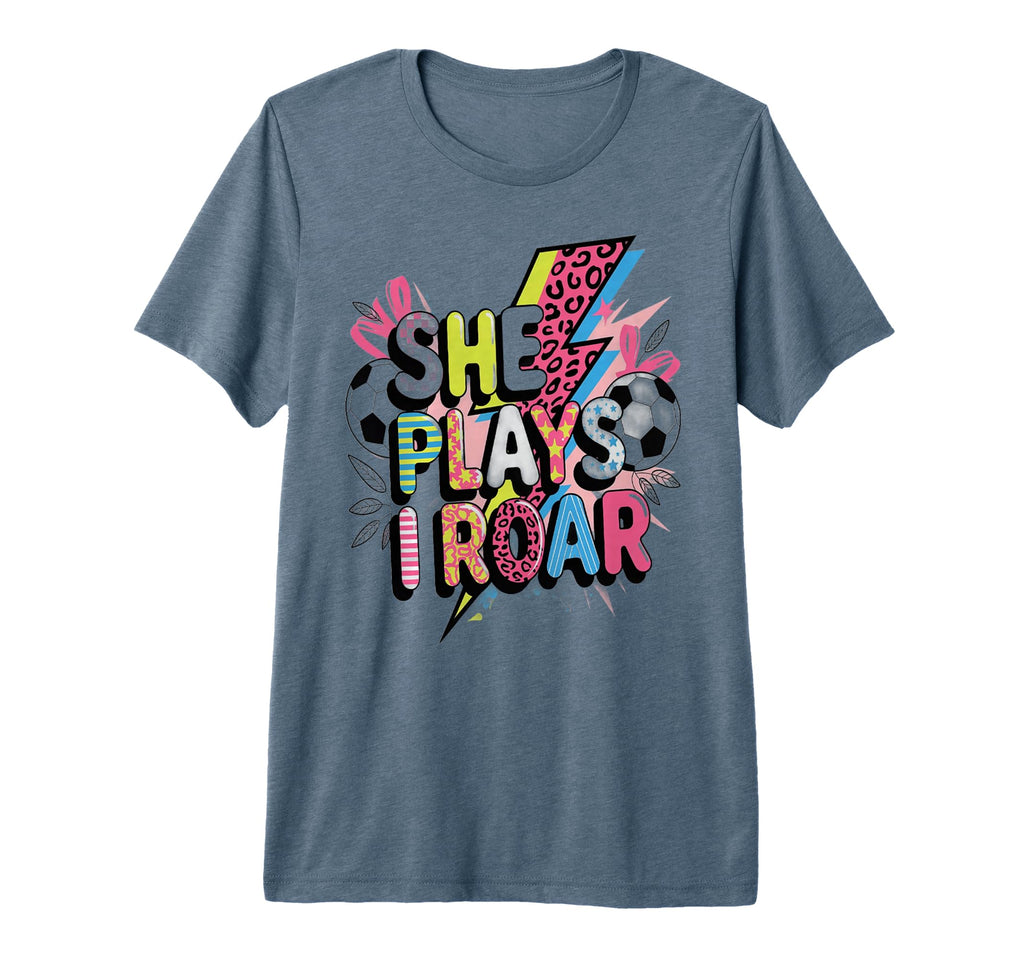 She Plays I Roar Soccer Power Pop Football T-Shirt - Graphic Print Unisex