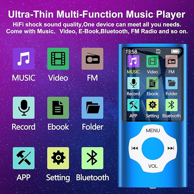 Portable 64GB MP3 Player with Bluetooth, MYMAHDI 1.8" HD LCD Screen MP4/MP3 Player Up to 128GB, Music Player with Video, Music, FM Radio, E-Book Reader, Voice Record, Photo Viewer, Darkblue