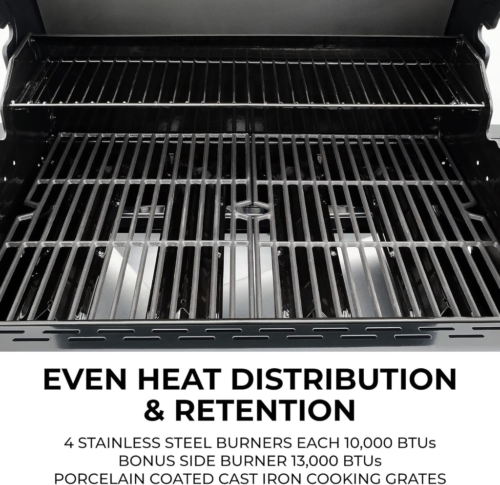 Kenmore 4-Burner Gas Grill with Side Burner, Outdoor BBQ Grill, Propane Gas Grill, Cast Iron Cooking Grates, Electronic Ignition, Warming Rack, Open Cart Design, 53000 BTUs, Stainless Steel and Black