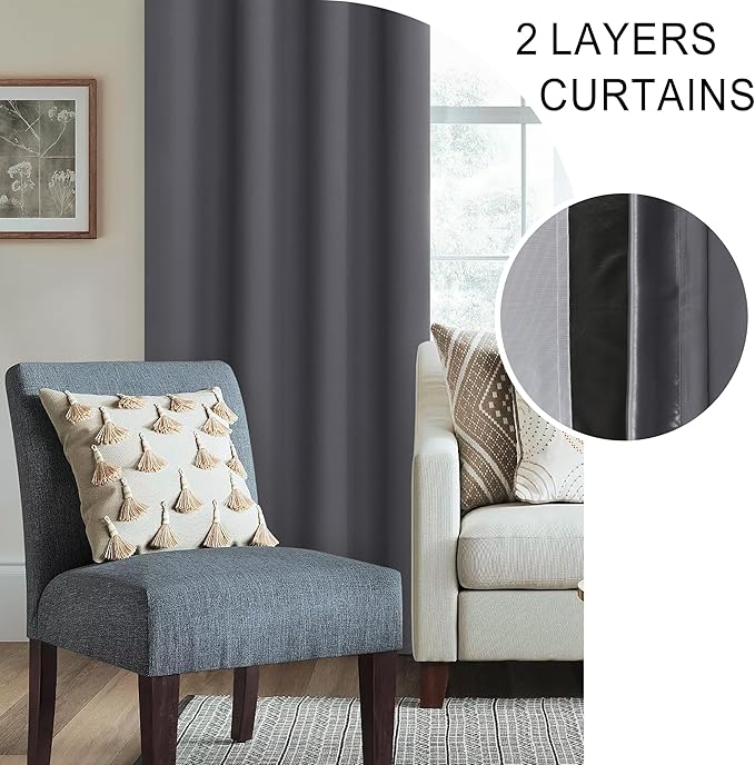 XWZO 100% Blackout Curtain Panels - Thermal Insulated Black Liner Rod Pocket Curtains, Noise Reducing & Heat Blocking Drapes for Hall and Studio Windows with Tiebacks, Dark Grey, W42 x L54, Set of 2