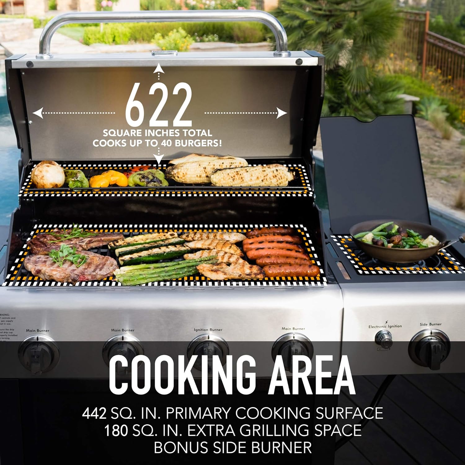 Kenmore 4-Burner Gas Grill with Side Burner, Outdoor BBQ Grill, Propane Gas Grill, Cast Iron Cooking Grates, Electronic Ignition, Warming Rack, Open Cart Design, 53000 BTUs, Stainless Steel and Black