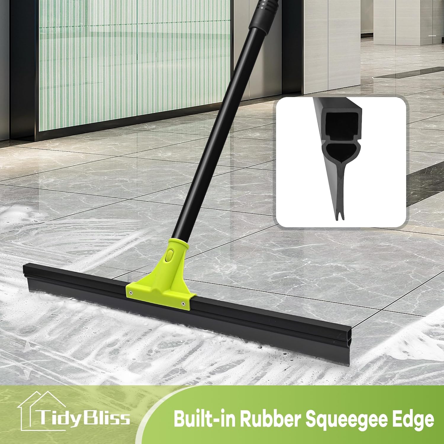 Floor Squeegee Heavy Duty, 24” Rubber Foam Water Scraper Broom, Epoxy Wiper Mop with 62 inches Long Handle for Cleaning Concrete Pool Rug Garage Deck Shower Window Outdoor Indoor (Green)