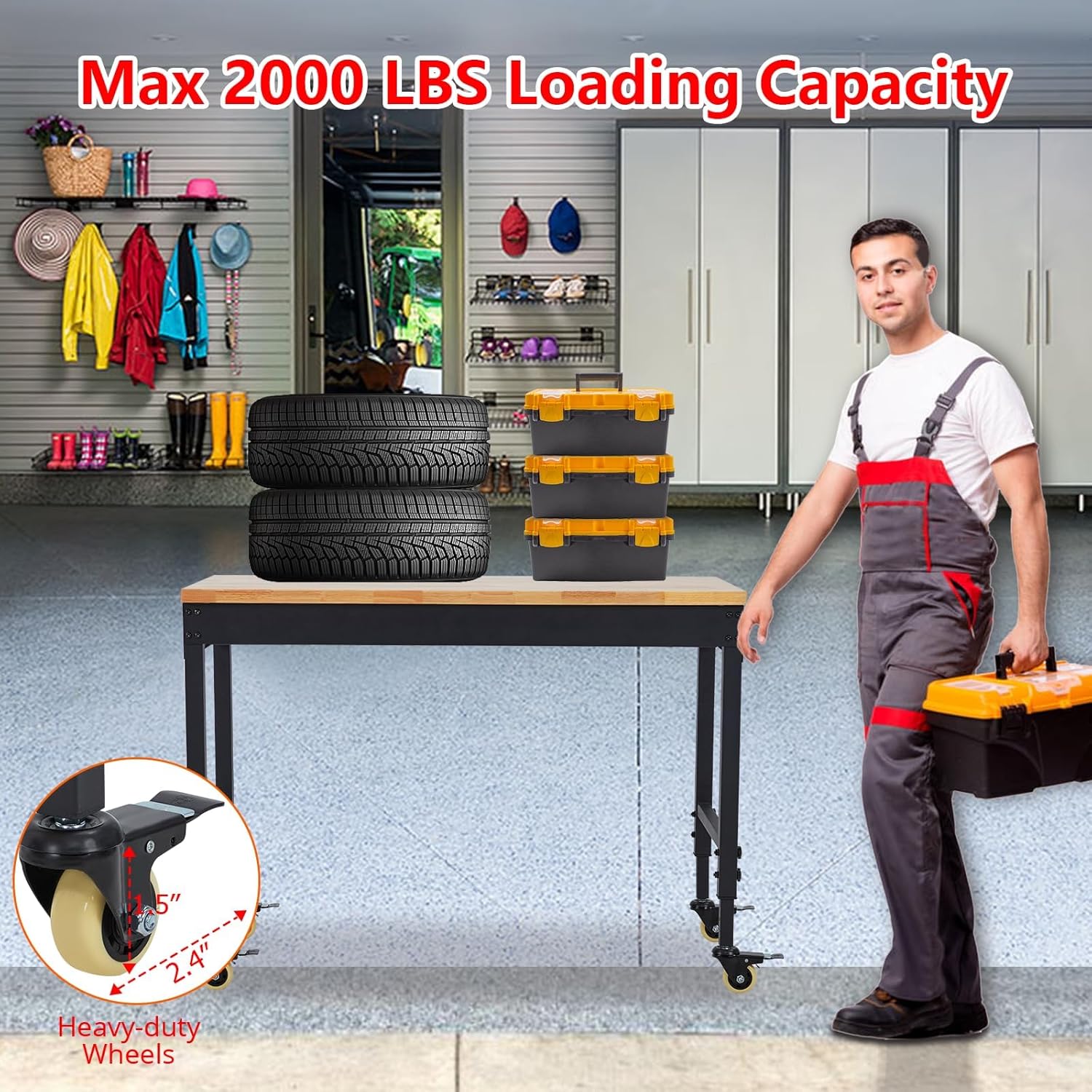 72" x 25" Heavy-Duty Adjustable Workbench with Power Outlets - 2000LB Capacity Garage Workbench, Rubberwood Top, Locking Wheels, Mobile Workstation for Workshop, Office & Home