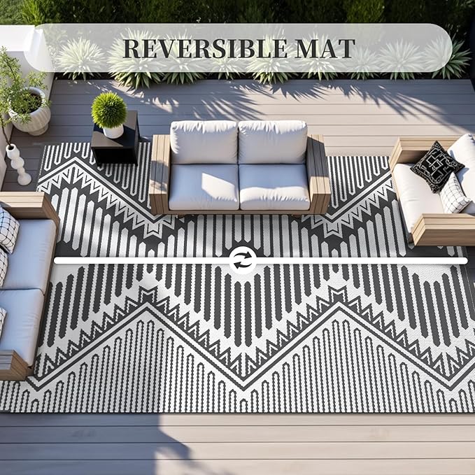 MontVoo Outdoor Rug-Waterproof Camping Rug Patio Rug Mat 6x9 Reversible Plastic Straw Outside Outdoor Rug for RV Camping Picnic Beach Balcony Backyard Pool Deck Porch Modern Boho Grey