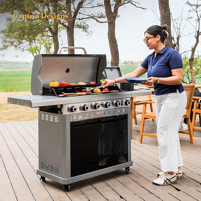Captiva Designs 6-Burner Propane Gas BBQ Grill with Side Burner & Porcelain-Enameled Cast Iron Grate and Plate for Outdoor Barbucue Events, 52,000 BTU Output,740 SQ.IN. Cooking Area，Heavy Duty
