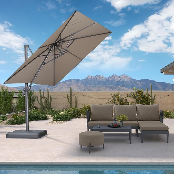 PURPLE LEAF 8 FT Cantilever Patio Umbrella Outdoor Aluminum Offset Square Umbrella with 3 Years Fade Resistance Recycled Fabric and 360-degree Rotation for Deck Pool Garden, Ash Mocha