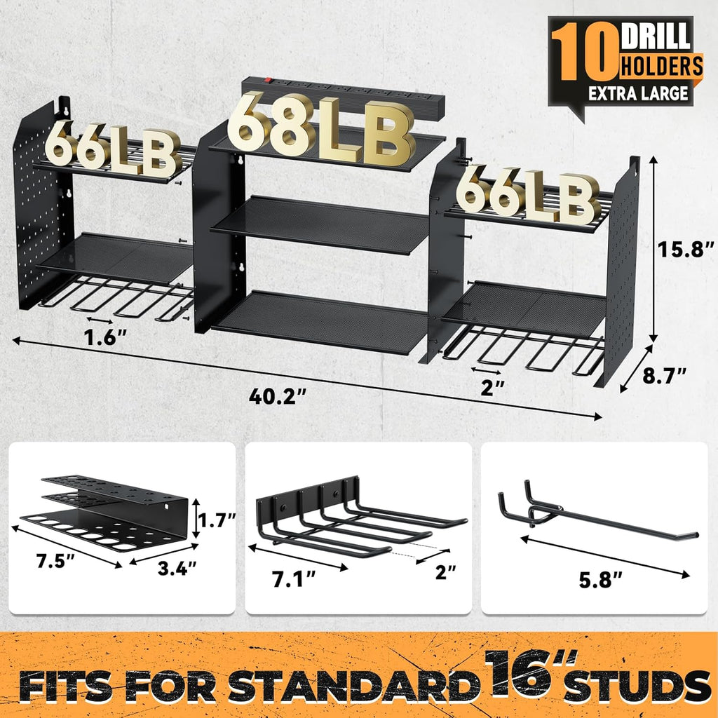 Upgrade Large Power Tool Organizer Wall Mount with Charging Station Tool Storage Rack with 6.5FT Power Strip 10 Drill Holder and Storage Rack for Garage Organization