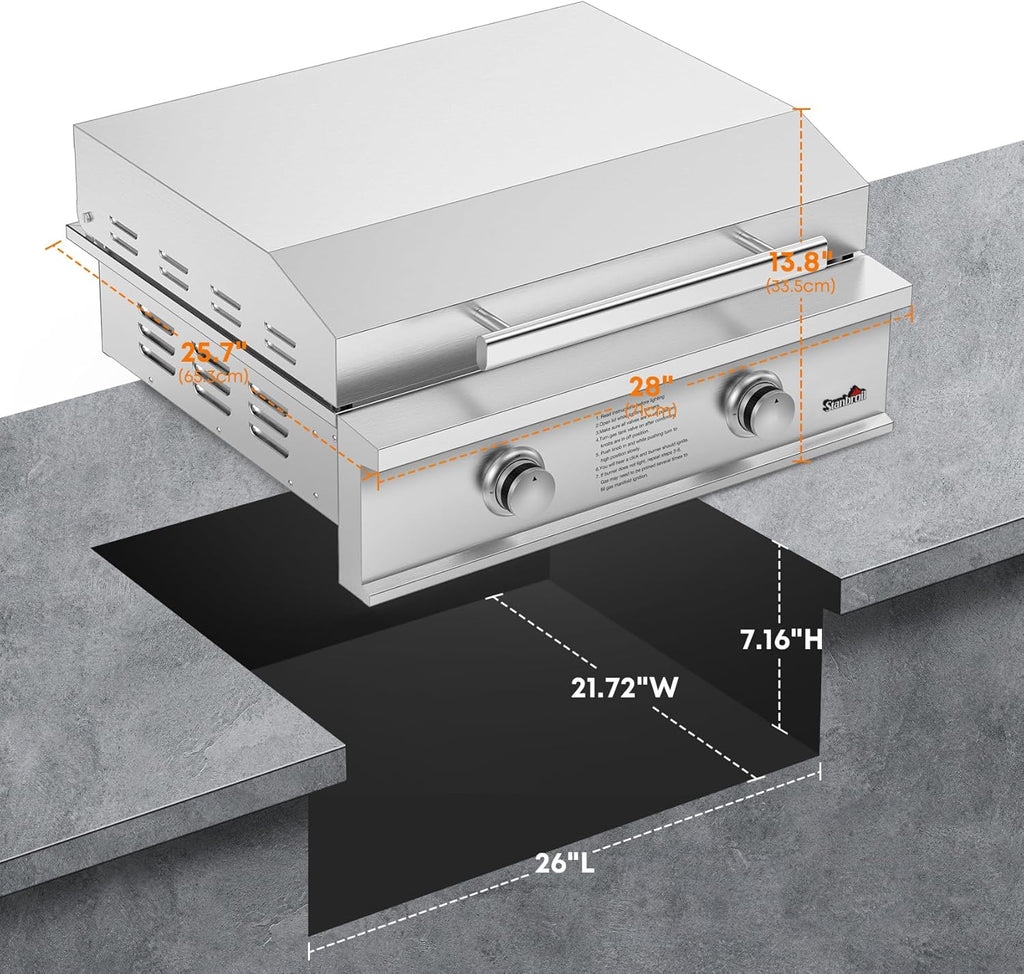 Stanbroil 28-Inch Premium Built-In Liquid Propane Griddle for Outdoor Kitchen Grill, Durable Stainless Steel 2-Burner Flat Top Grill with Lid for BBQ Island, 34,000 BTUs