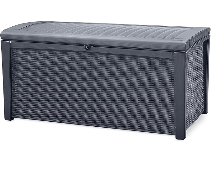 Keter Outdoor Storage Deck Box for Patio, Backyard & Garden, Borneo, 110 Gal, Grey - Lockable, Organizing, and Waterproof Plastic Container Bench