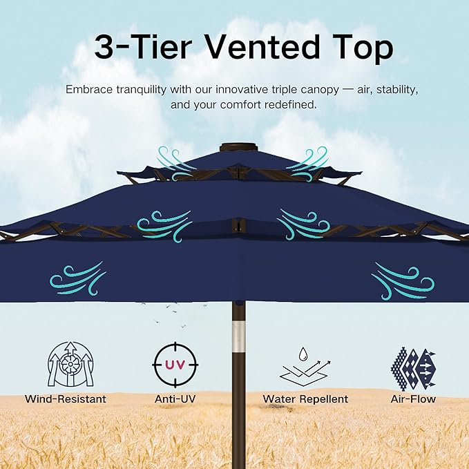 Kingdura 10ft 3-Tier Patio Umbrella, Outdoor Table Umbrella with Easy Crank & Tilt, 8 Reinforced Ribs, UV Protection for Deck, Pool, Market, Backyard (Navy blue)
