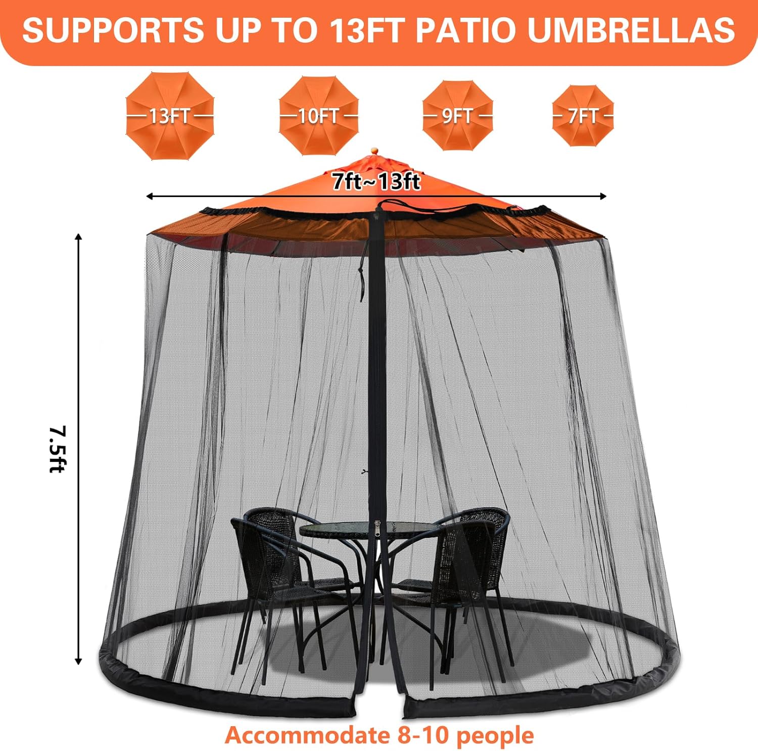 7.5-13FT Mosquito Netting for Patio - Mosquito Net for Patio Garden and Outdoor Umbrellas with Zipper and Adjustable, Umbrella Netting for Outdoor Umbrellas